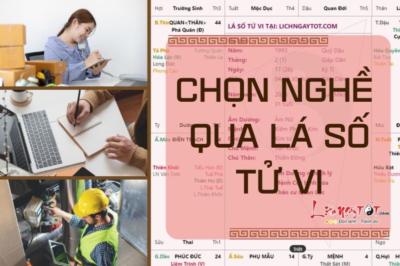 Hình ảnh một người đang nghiên cứu lá số tử vi trên máy tính, xung quanh là các biểu tượng phong thủy, tượng trưng cho việc phân tích công việc qua tử vi