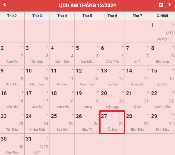 Lịch âm dương hiển thị thông tin tử vi ngày 27 tháng 12 năm 2024 chi tiết và tổng quan