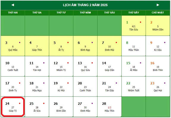 Lịch âm ngày 24 tháng 2 năm 2025 hiển thị các thông tin cơ bản về can chi, tiết khí và các sao tốt xấu, giúp người đọc dễ dàng tra cứu vận trình tử vi cá nhân.