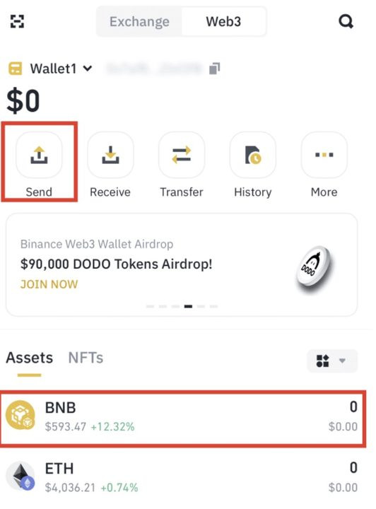 Lựa chọn token để gửi từ ví Binance Web3 đi