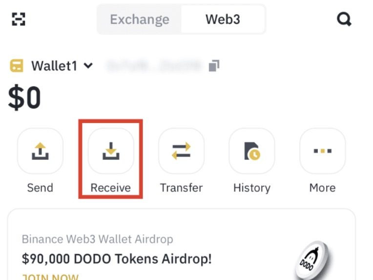 Mã QR và địa chỉ ví để nhận token trên ví Binance Web3