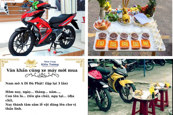 Mâm lễ vật cúng xe máy mới mua bày trí trang trọng trước xe