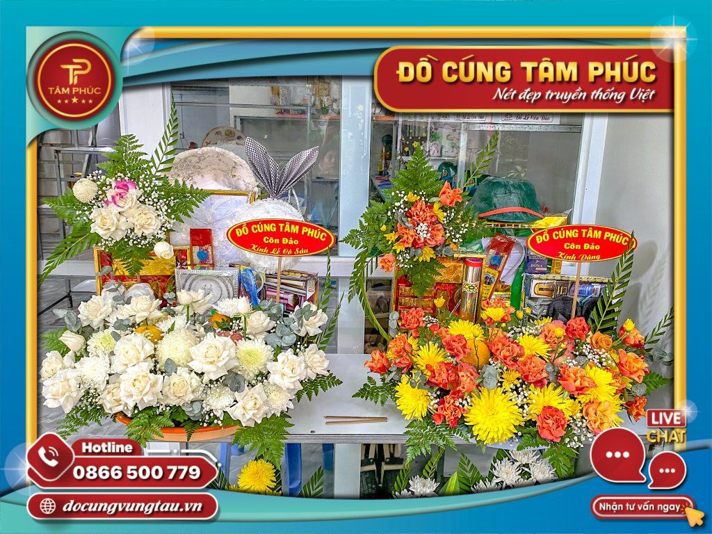 Mâm lễ vật trang trọng dâng lên cô Sáu và các anh hùng liệt sĩ