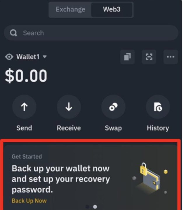 Màn hình sao lưu ví Binance Web3 với tùy chọn Backup Now