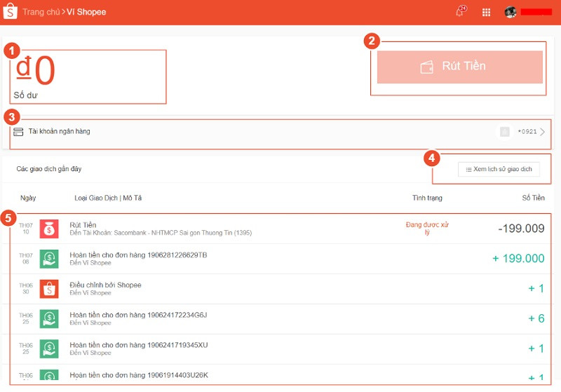 Màn hình ứng dụng ShopeePay với tùy chọn rút tiền từ số dư tài khoản Shopee