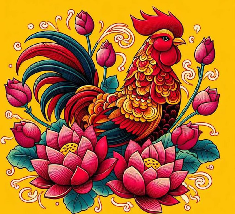 Một chú gà trống oai vệ đang đứng trên bãi cỏ, tượng trưng cho sự thịnh vượng và may mắn của tuổi Dậu trong vận trình ngày 27/8/2025.