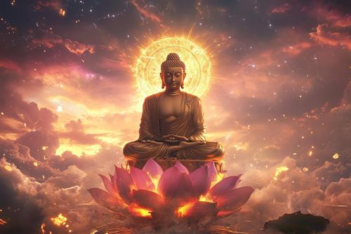 Người đang thiền định trong tư thế hoa sen, xung quanh là ánh sáng rực rỡ tượng trưng cho sự giác ngộ và bình an, phù hợp với nội dung về tử vi 18/12 lịch ngày tốt