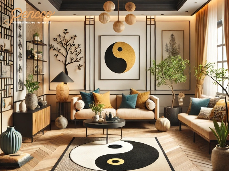 Nội thất cân bằng màu đen xanh dương và thổ