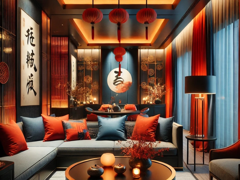 Nội thất hài hòa màu đỏ cam xanh dương thủy