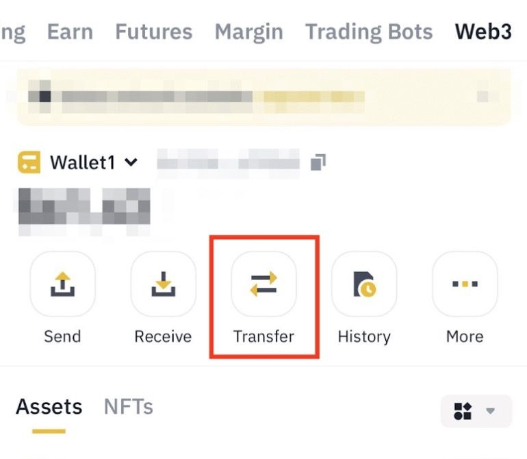 Nút Transfer để chuyển tiền giữa ví sàn và ví Web3 Binance