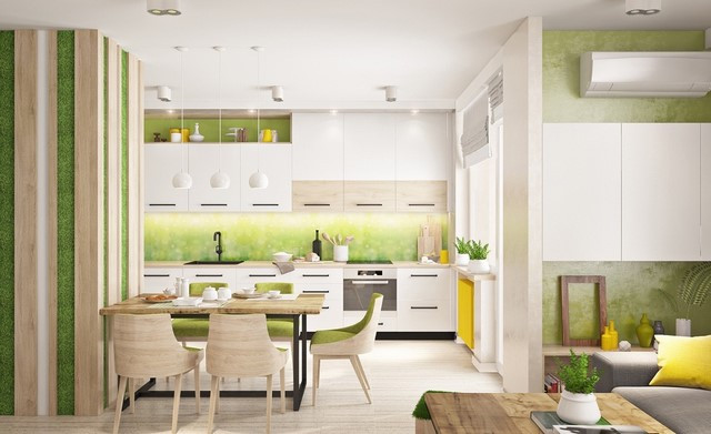 Phòng bếp hiện đại với sự kết hợp hài hòa của trắng và xanh lá nhạt, mang lại năng lượng tích cực cho tuổi Ất Tỵ.
