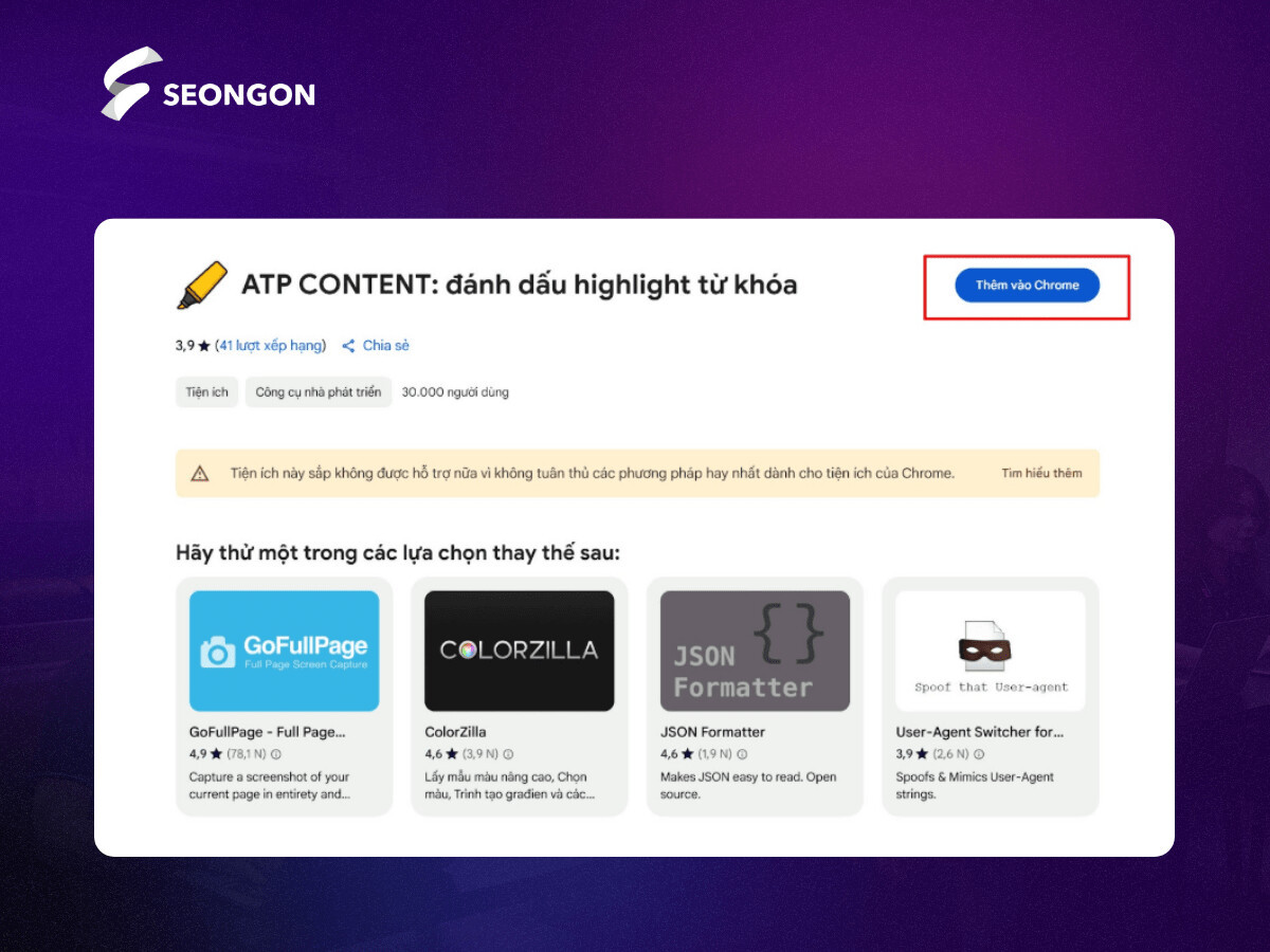 Thao tác click “Thêm vào Chrome” để cài đặt tiện ích ATP Content, giúp check từ vi phạm chính sách Facebook