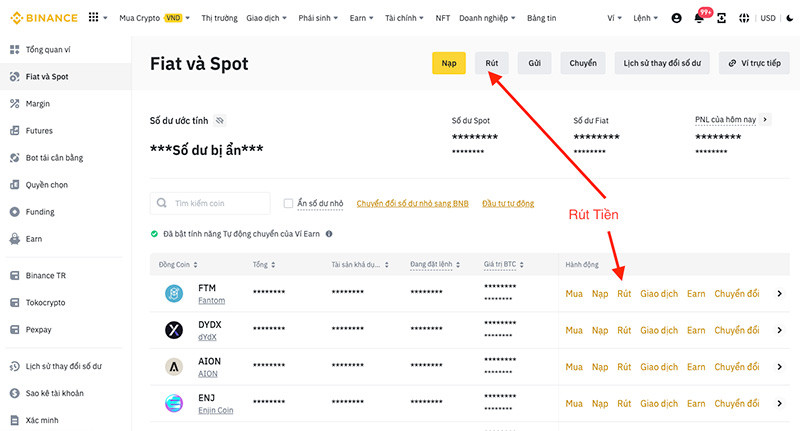 Thực hiện rút tiền mã hóa từ sàn Binance để chuyển về ví lạnh