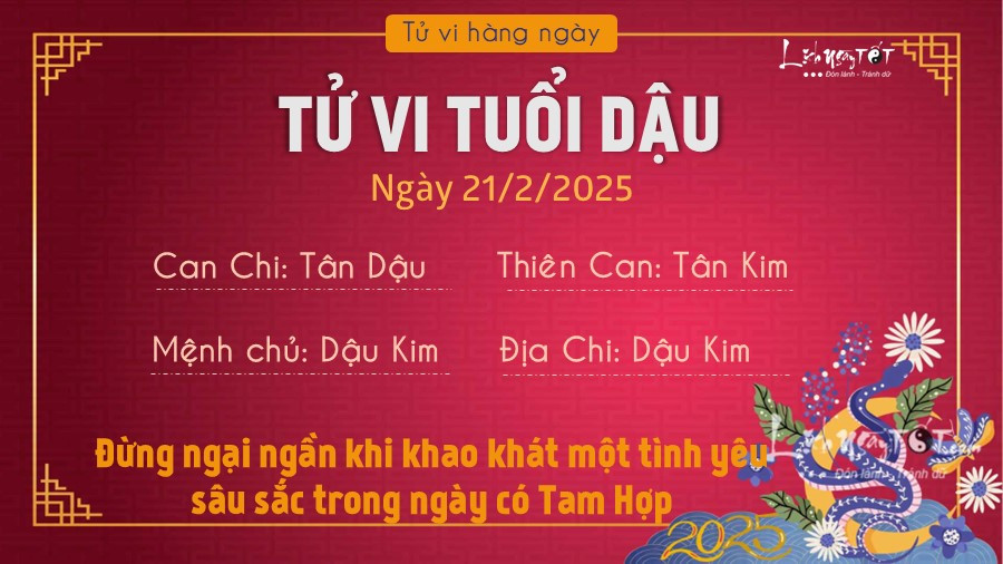 Tử vi may mắn tuổi Dậu 21/2/2025