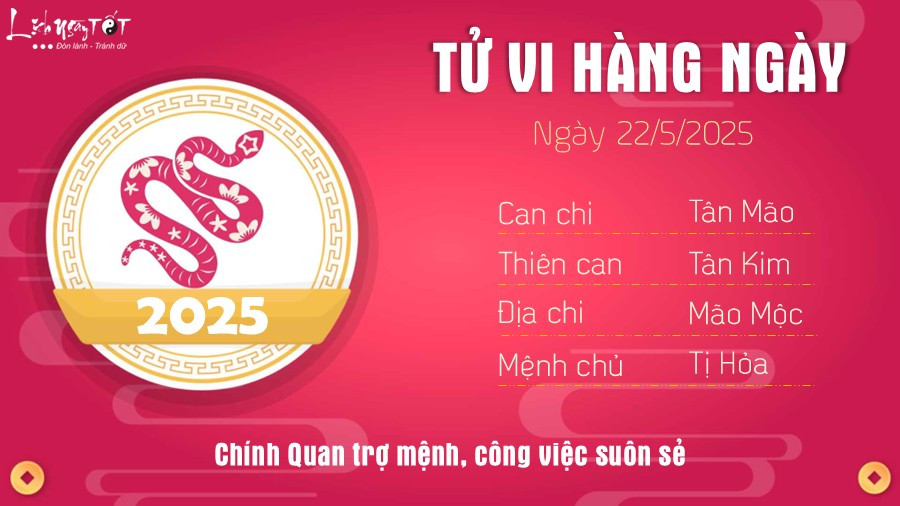 Tử vi ngày 22/5/2025 tuổi Tỵ: May mắn tột độ trong công việc và tài lộc