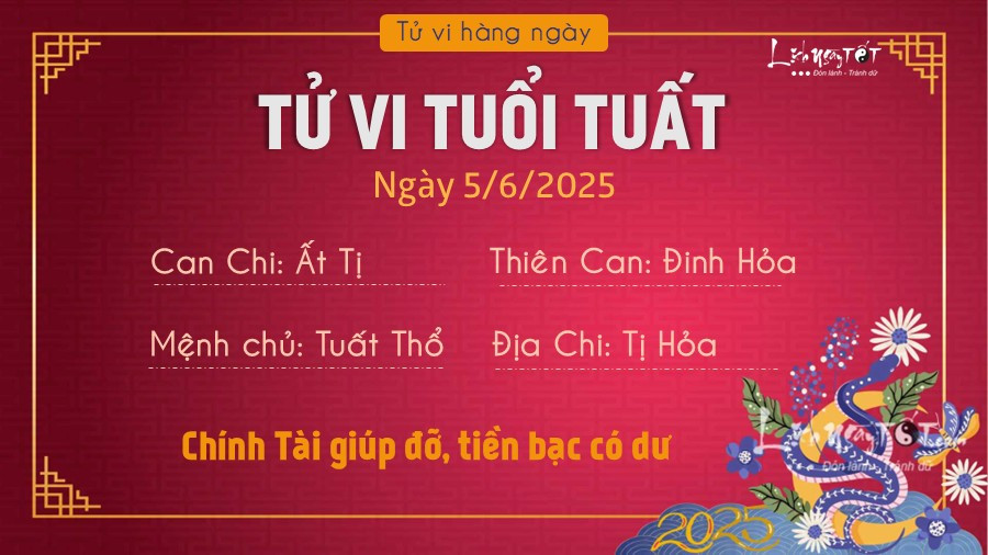 Tử vi ngày 5 tháng 6 năm 2025 tuổi Tuất: Thông minh kiếm tiền, tình duyên thuận lợi