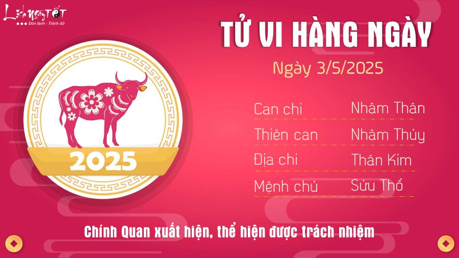 Tử vi tuổi Sửu ngày 3 tháng 5 năm 2025