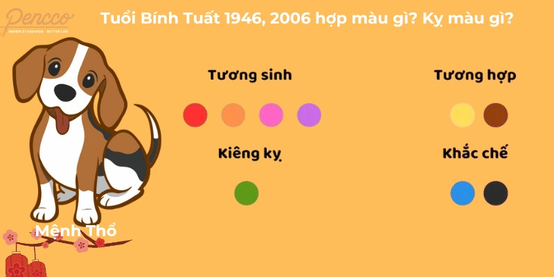 Tuổi Tuất 2006 hợp màu nâu, vàng đậm, màu tím, cam, đỏ, hồng